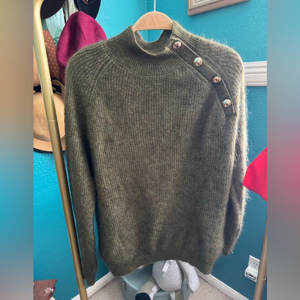 Sezane Green Button-Accent Turtleneck Sweater